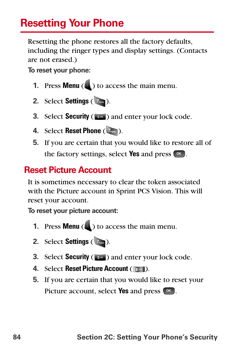 Resetting your phone, Reset picture account | Samsung A840 User Manual | Page 96 / 273