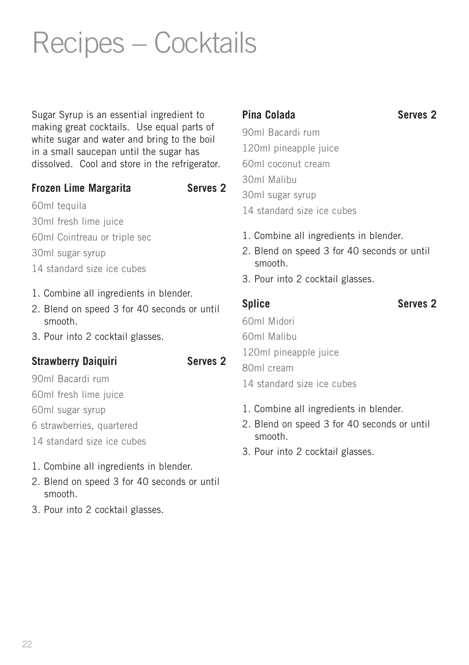 Recipes – cocktails | Sunbeam PB7600 User Manual | Page 24 / 27