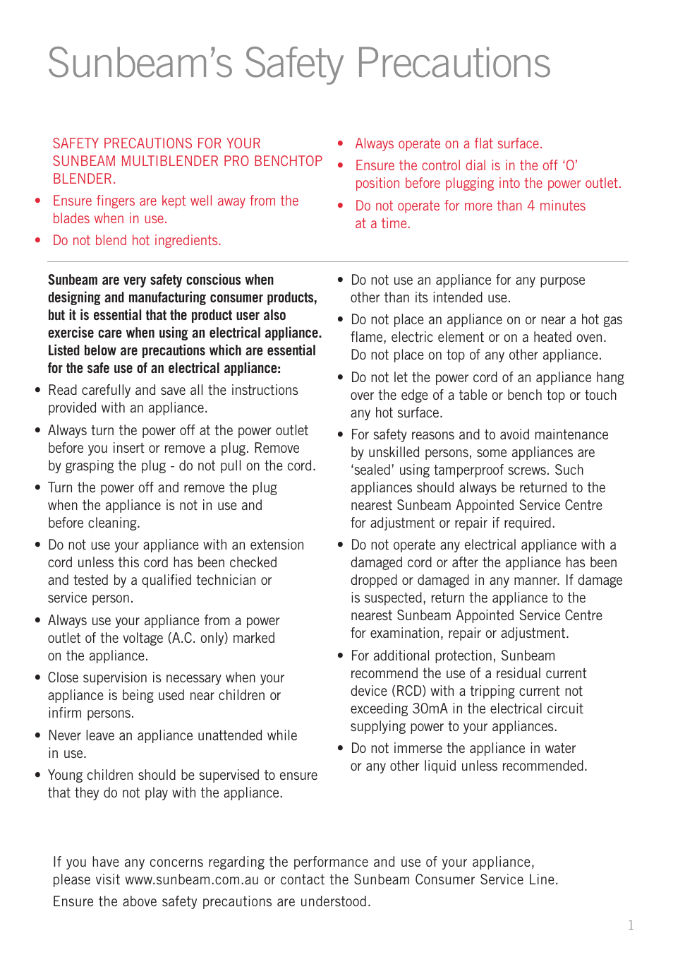 Sunbeam’s safety precautions | Sunbeam PB7600 User Manual | Page 3 / 27