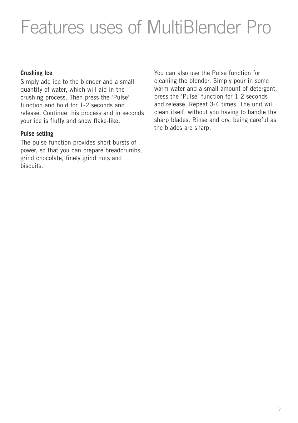 Features uses of multiblender pro | Sunbeam PB7600 User Manual | Page 9 / 27