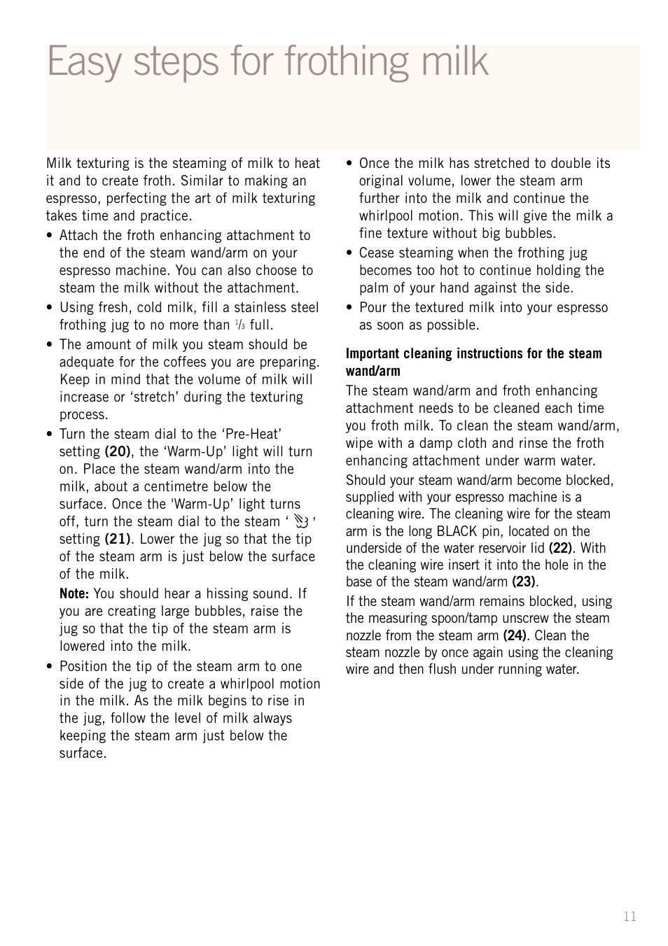 Easy steps for frothing milk | Sunbeam EM2300 User Manual | Page 12 / 26