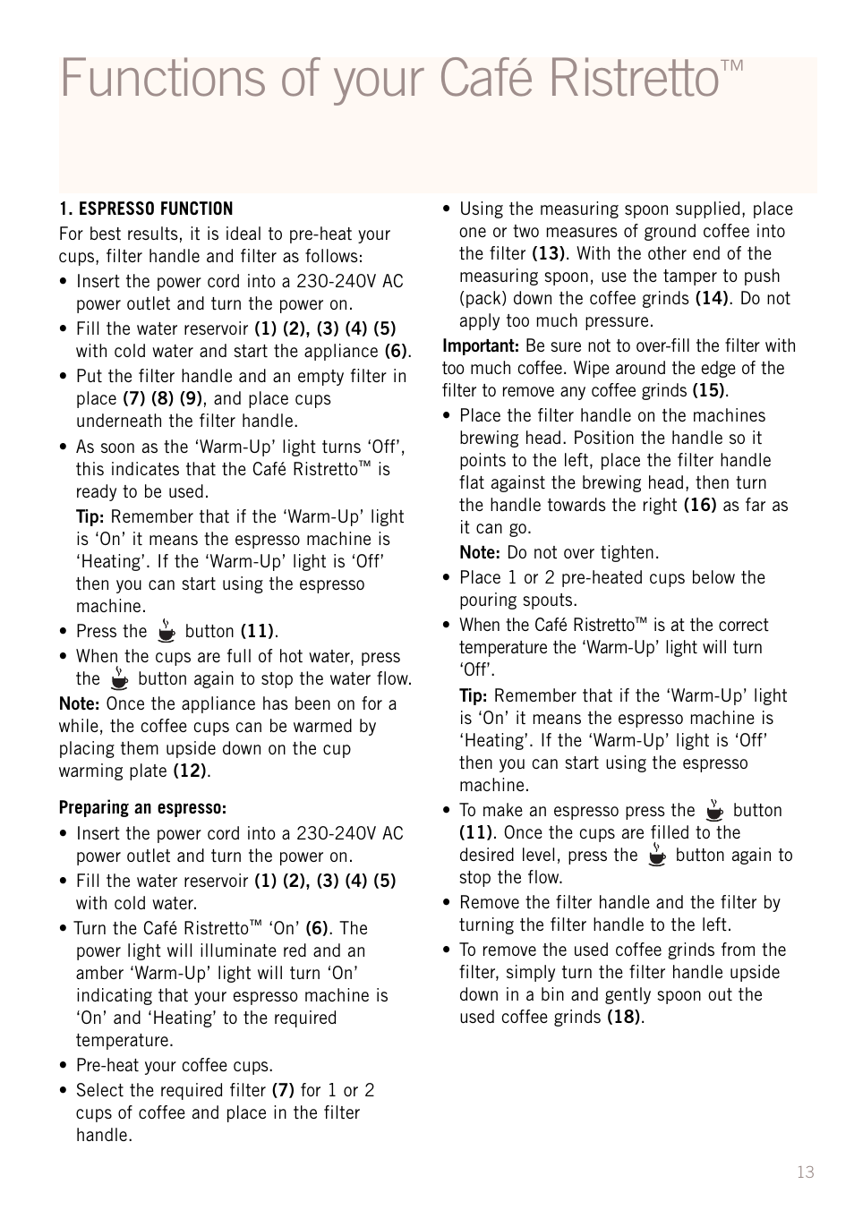 Functions of your café ristretto | Sunbeam EM2300 User Manual | Page 14 / 26