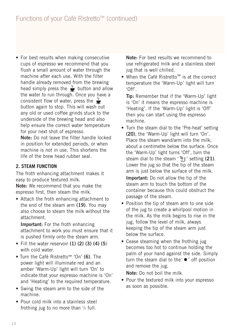 Functions of your café ristretto, Continued) | Sunbeam EM2300 User Manual | Page 15 / 26