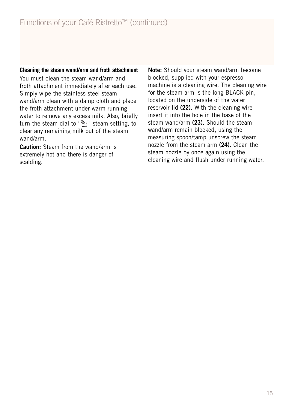 Functions of your café ristretto, Continued) | Sunbeam EM2300 User Manual | Page 16 / 26