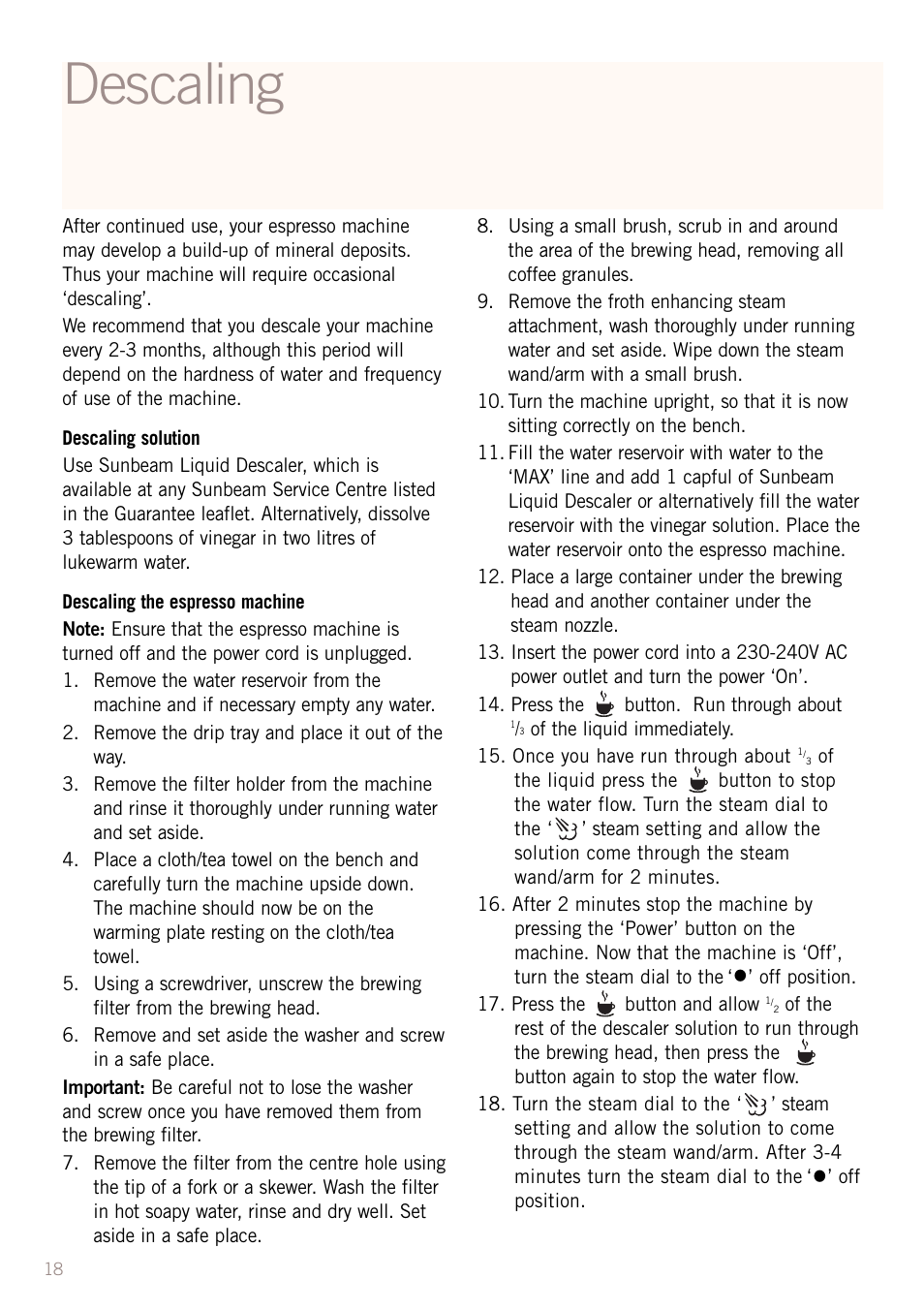 Descaling | Sunbeam EM2300 User Manual | Page 19 / 26