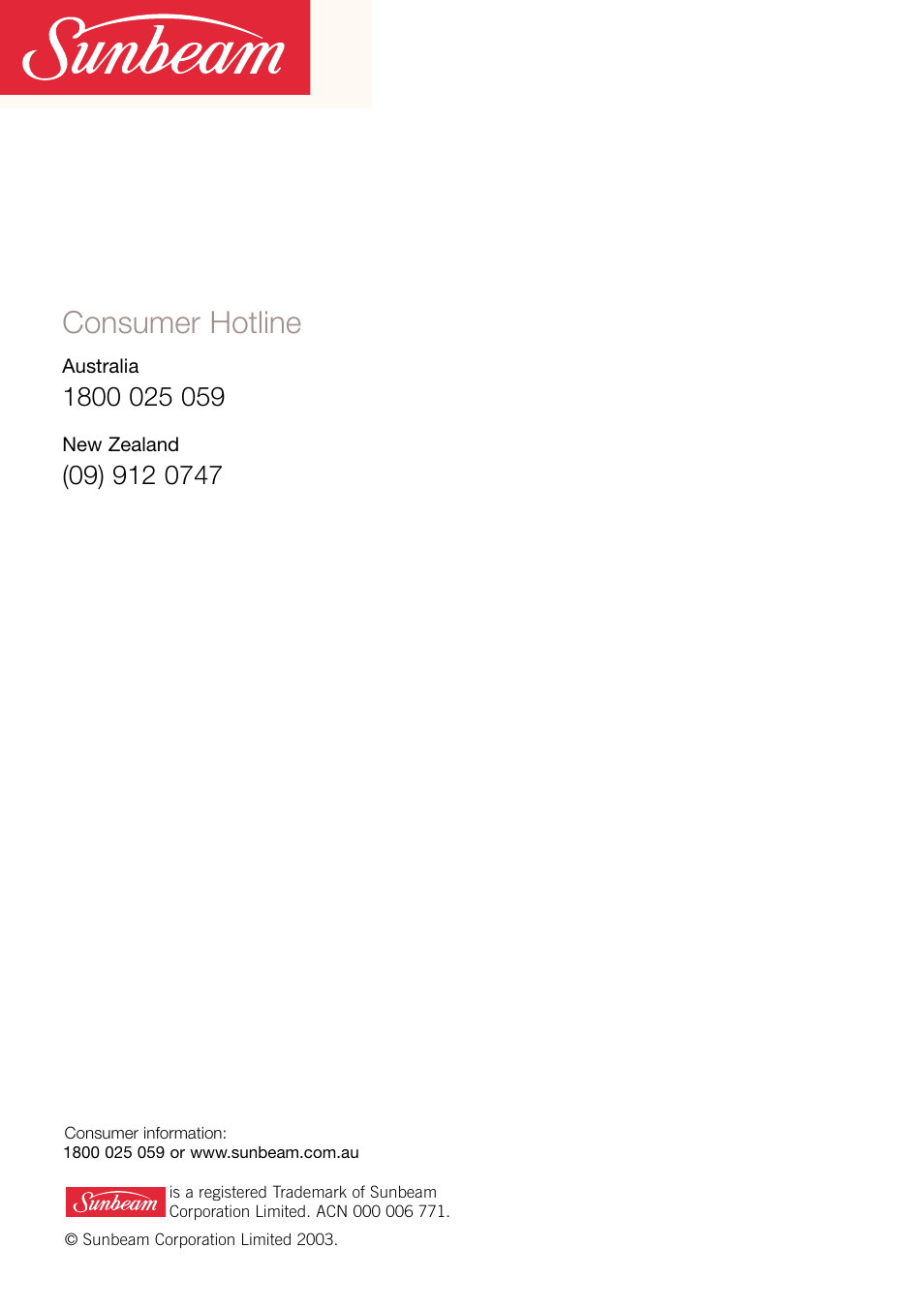 Consumer hotline | Sunbeam EM2300 User Manual | Page 26 / 26