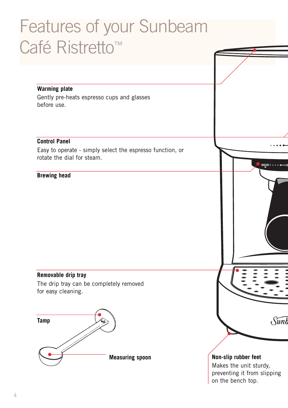 Features of your sunbeam café ristretto | Sunbeam EM2300 User Manual | Page 5 / 26