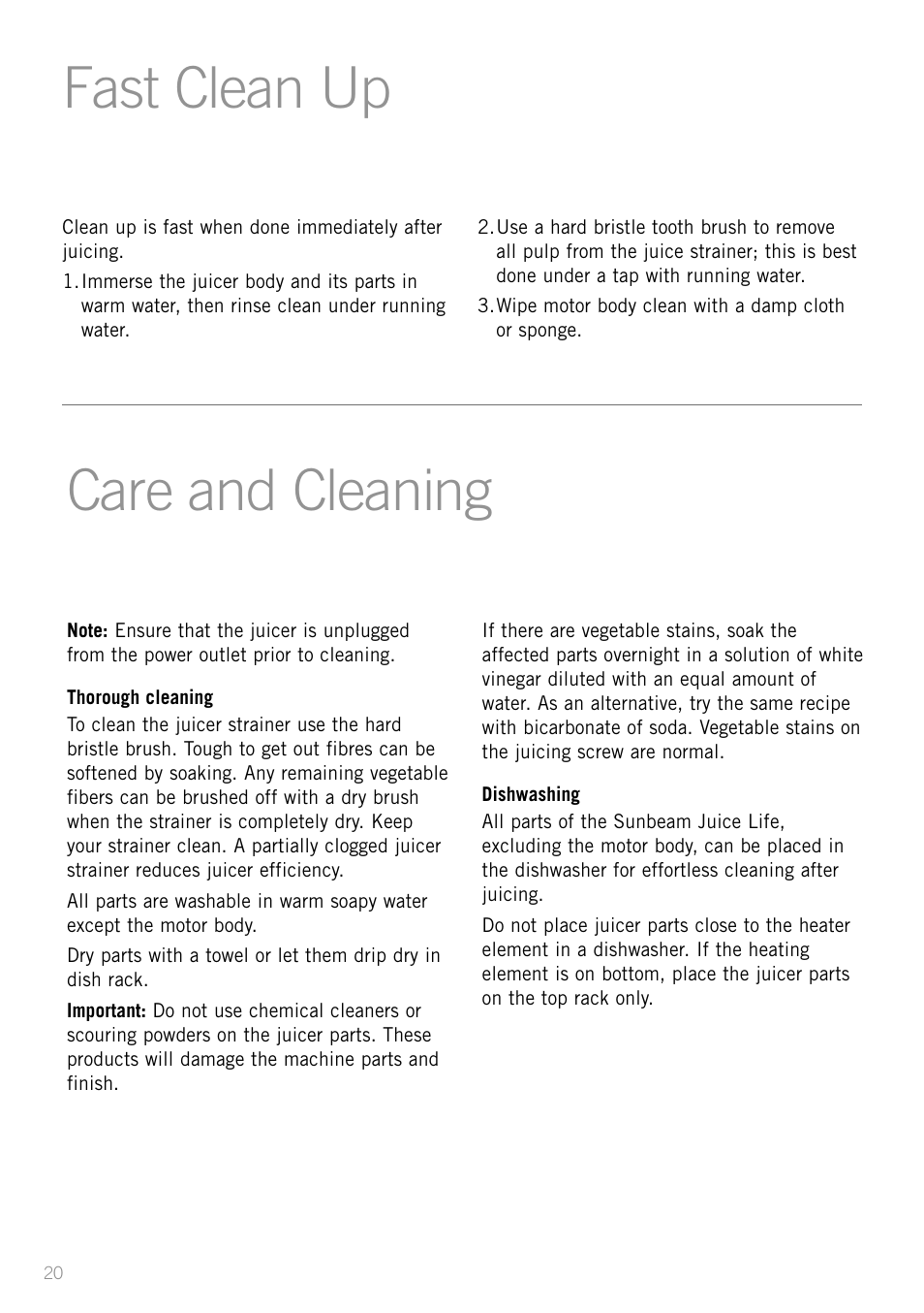 Fast clean up, Care and cleaning | Sunbeam JS7300 User Manual | Page 20 / 36