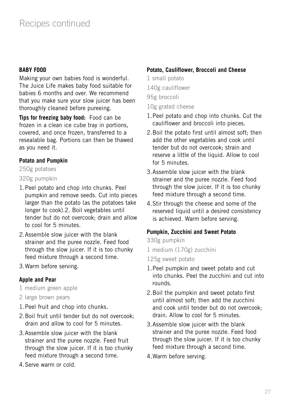Heading, Recipes continued | Sunbeam JS7300 User Manual | Page 27 / 36