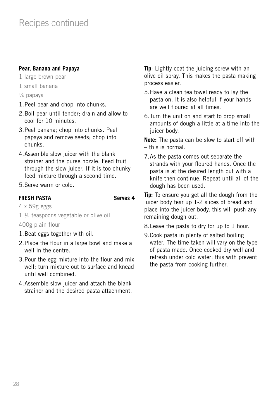 Heading, Recipes continued | Sunbeam JS7300 User Manual | Page 28 / 36