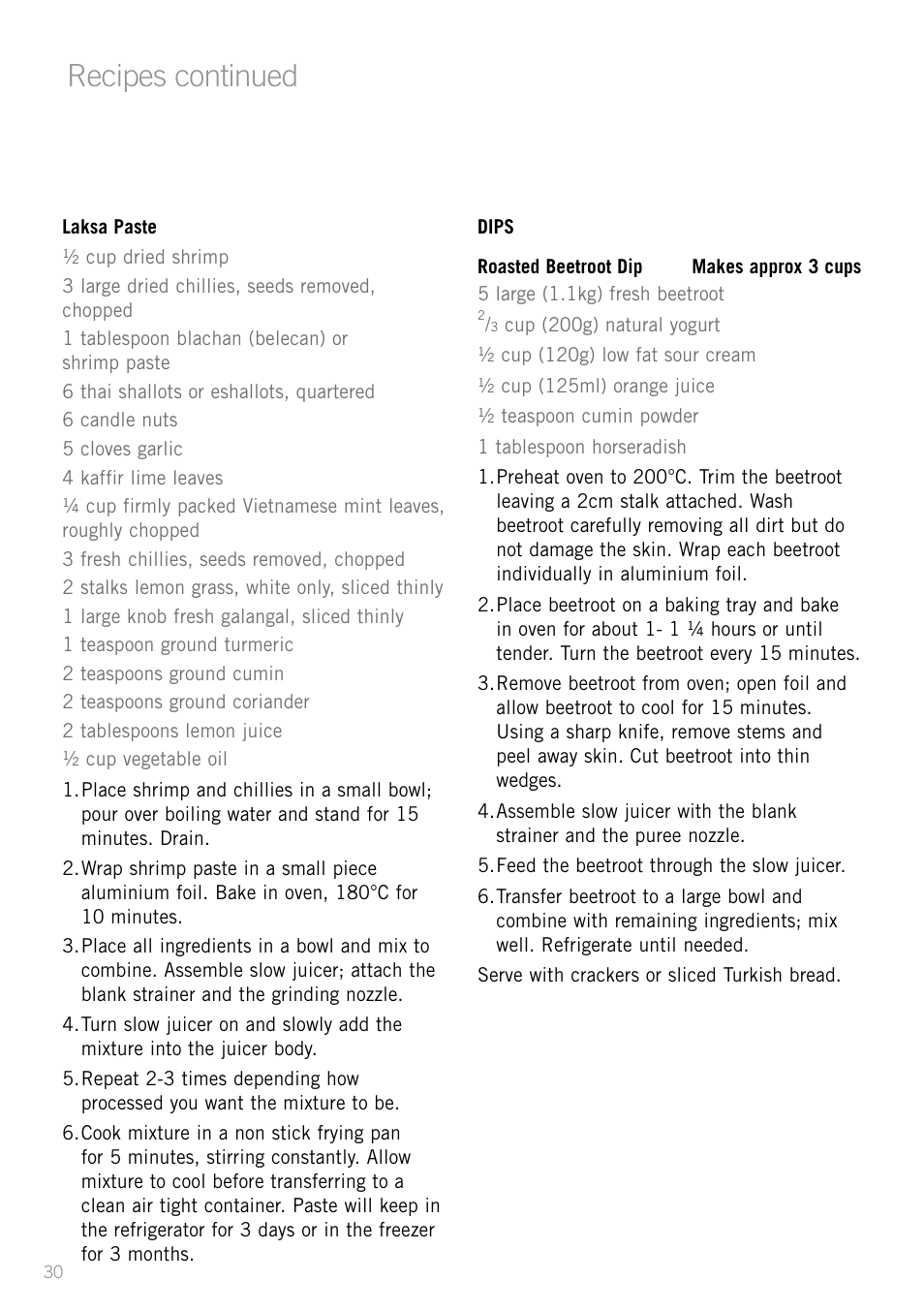 Recipes continued | Sunbeam JS7300 User Manual | Page 30 / 36