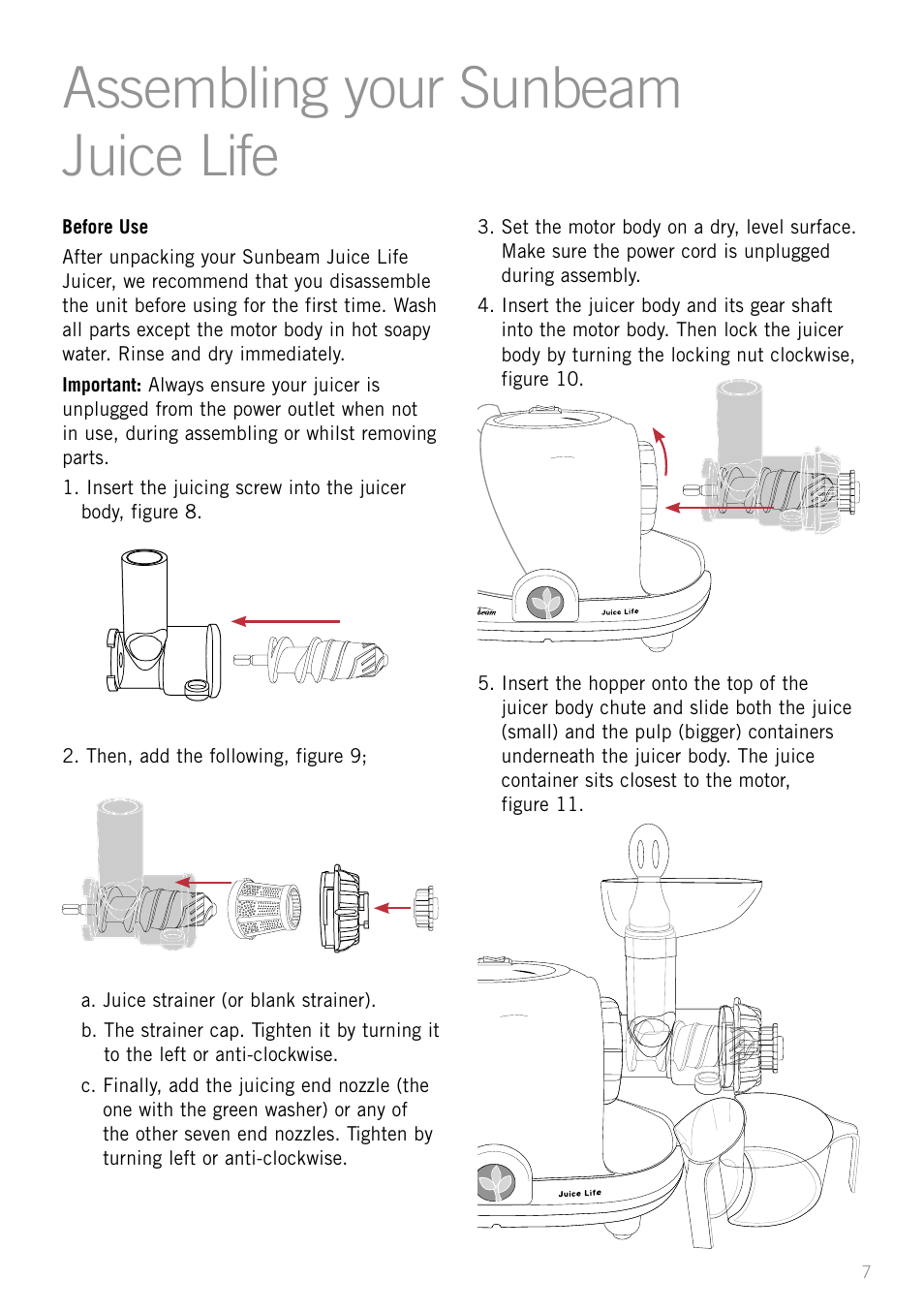 Assembling your sunbeam juice life, Heading | Sunbeam JS7300 User Manual | Page 7 / 36