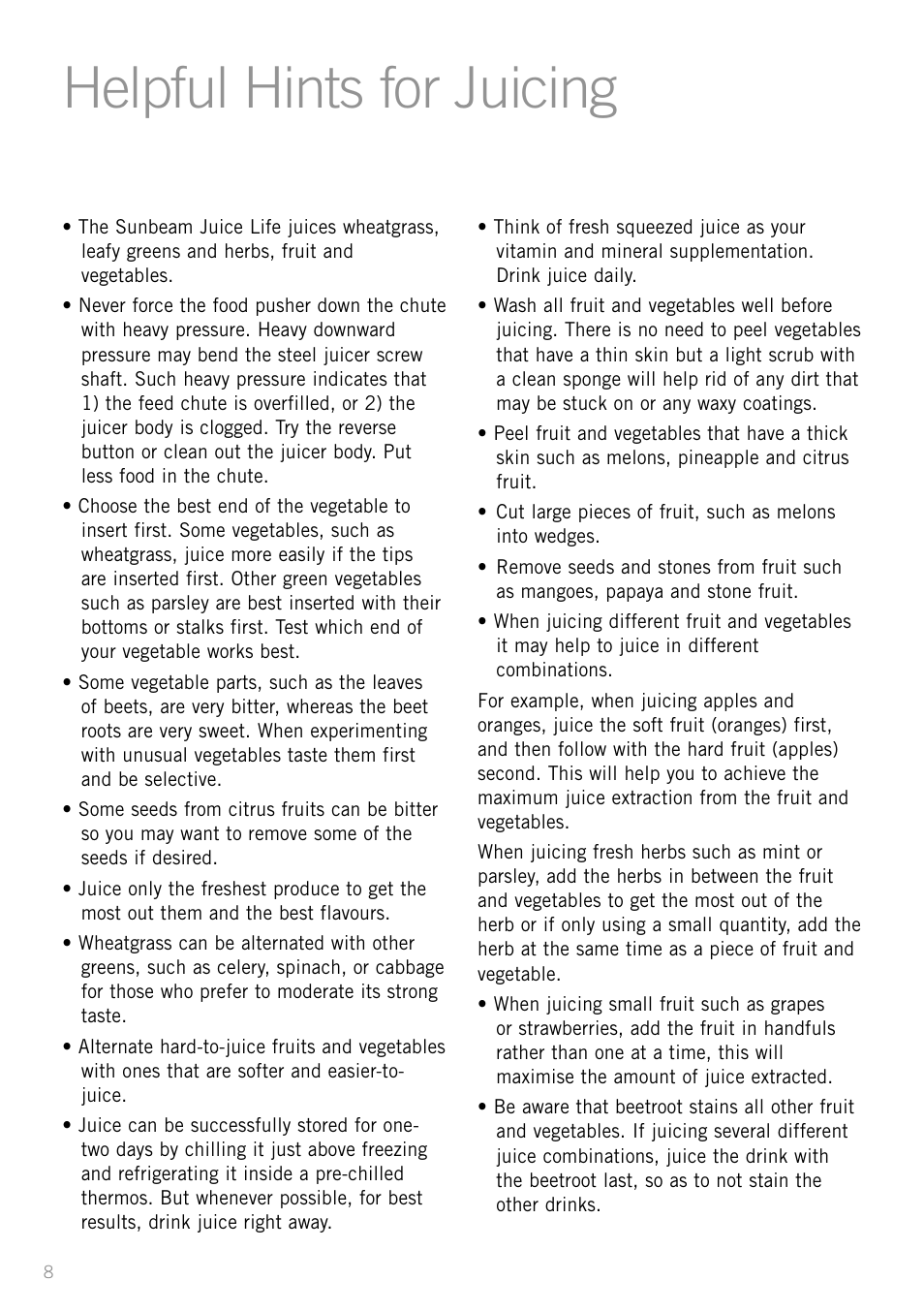 Helpful hints for juicing | Sunbeam JS7300 User Manual | Page 8 / 36