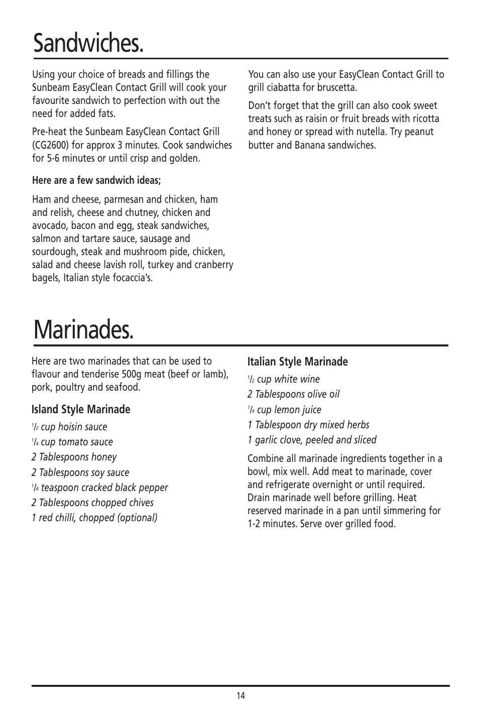 Sandwiches. marinades, Island style marinade, Italian style marinade | Sunbeam GC2600 User Manual | Page 13 / 13