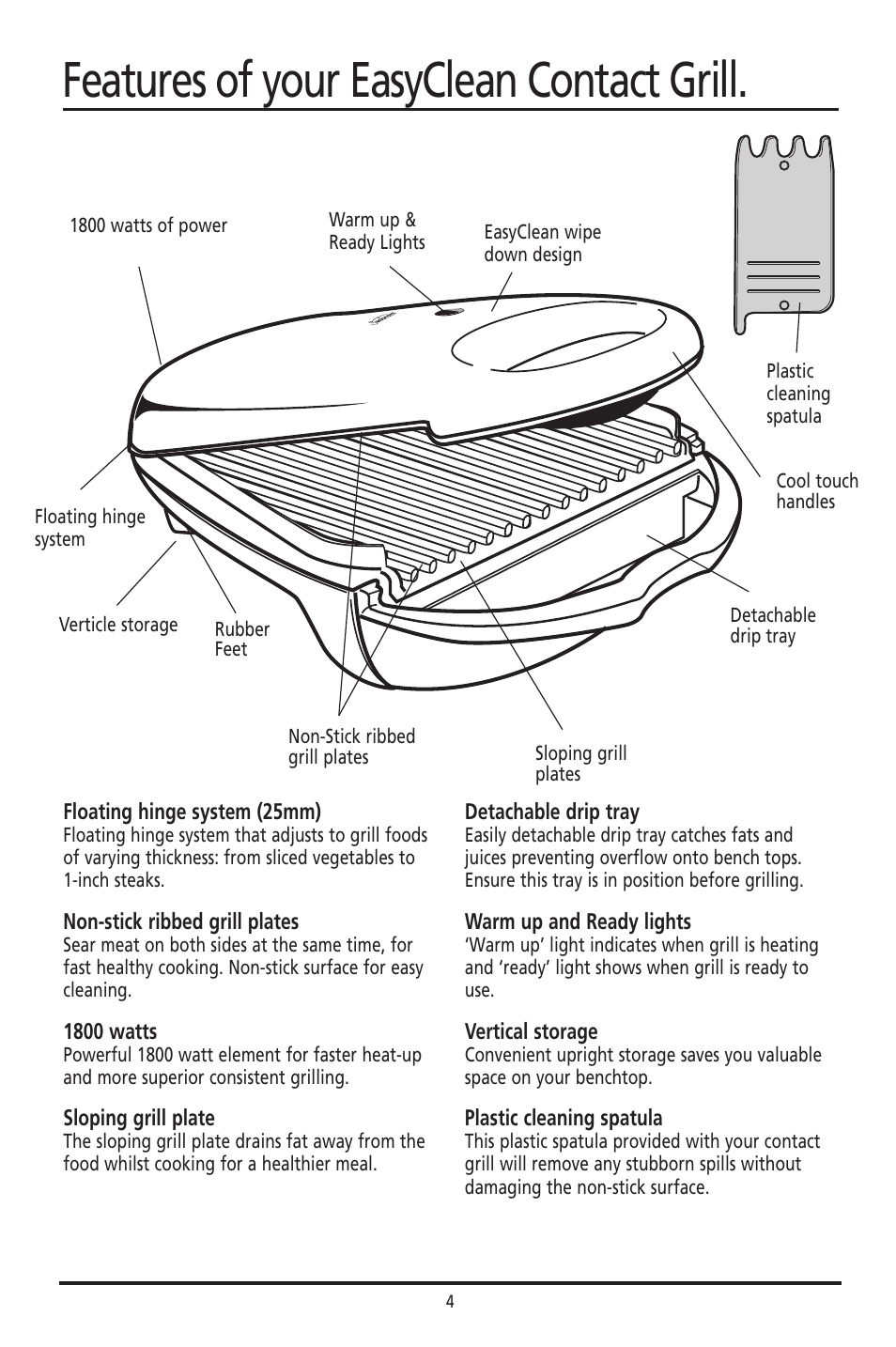 Features of your easyclean contact grill | Sunbeam GC2600 User Manual | Page 3 / 13