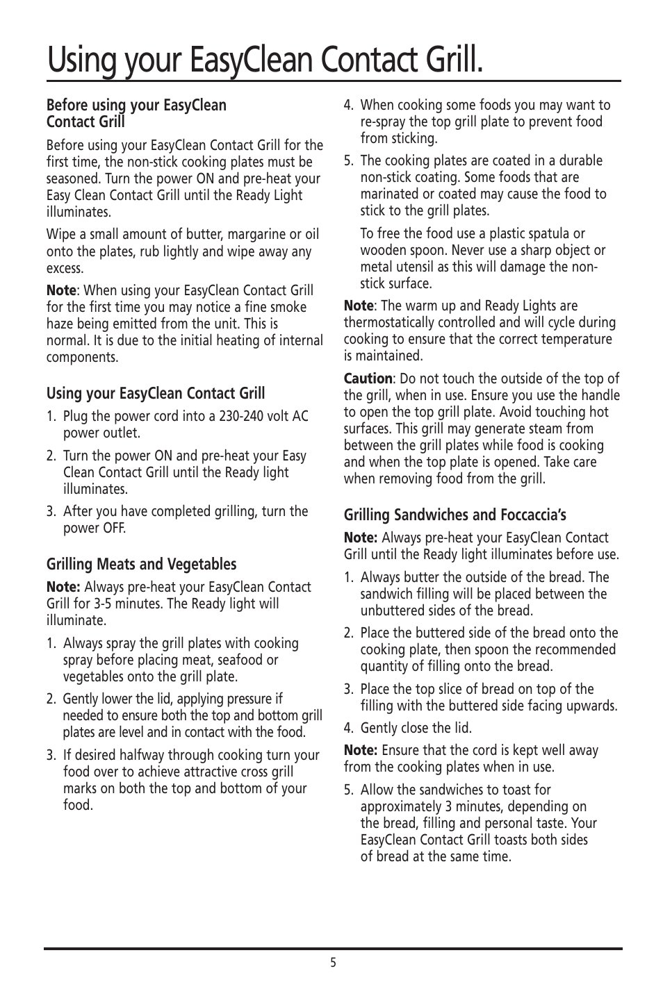 Using your easyclean contact grill | Sunbeam GC2600 User Manual | Page 4 / 13