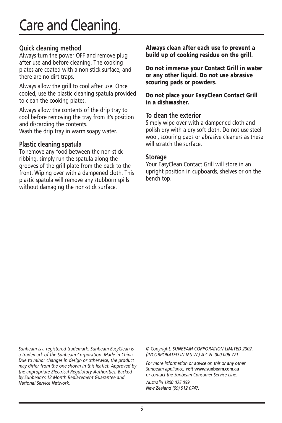 Care and cleaning | Sunbeam GC2600 User Manual | Page 5 / 13