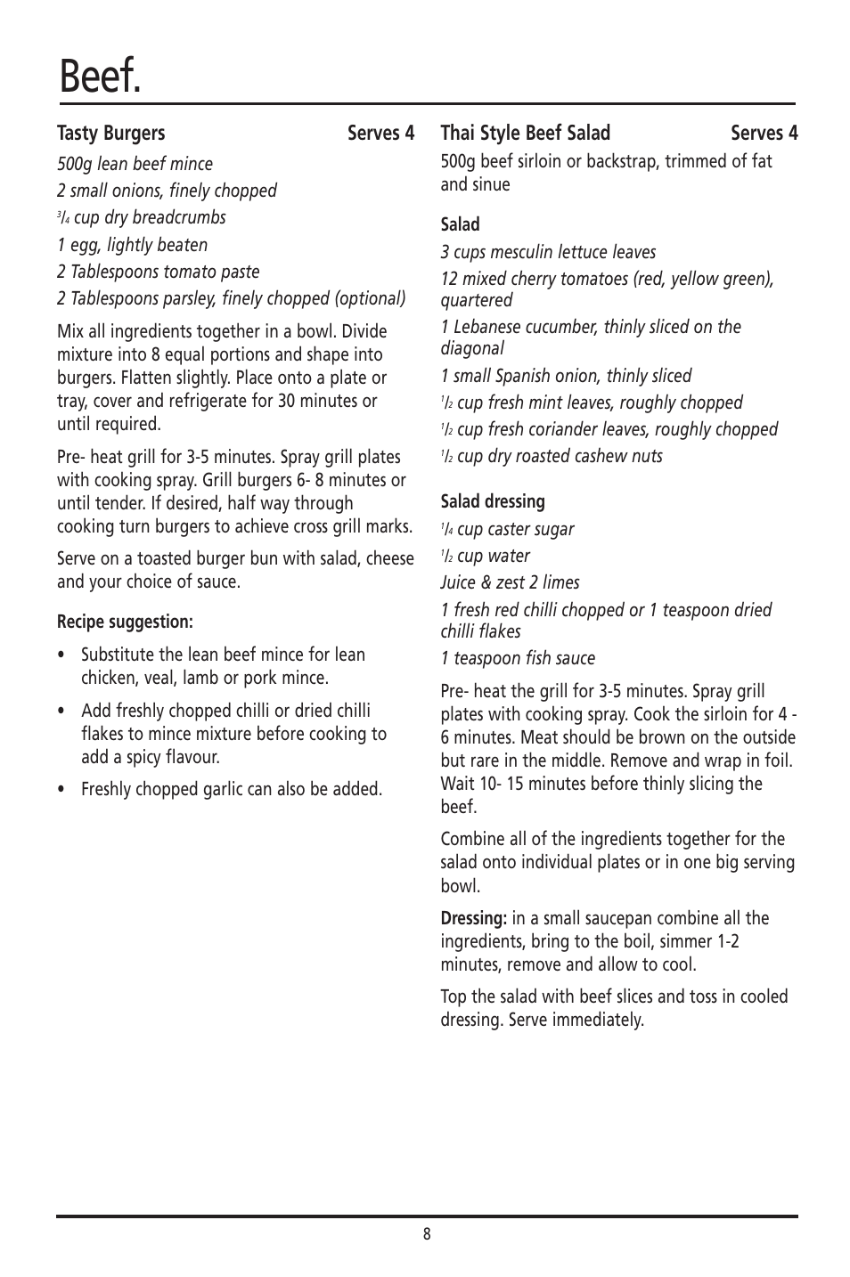 Beef, Tasty burgers serves 4, Thai style beef salad serves 4 | Sunbeam GC2600 User Manual | Page 7 / 13