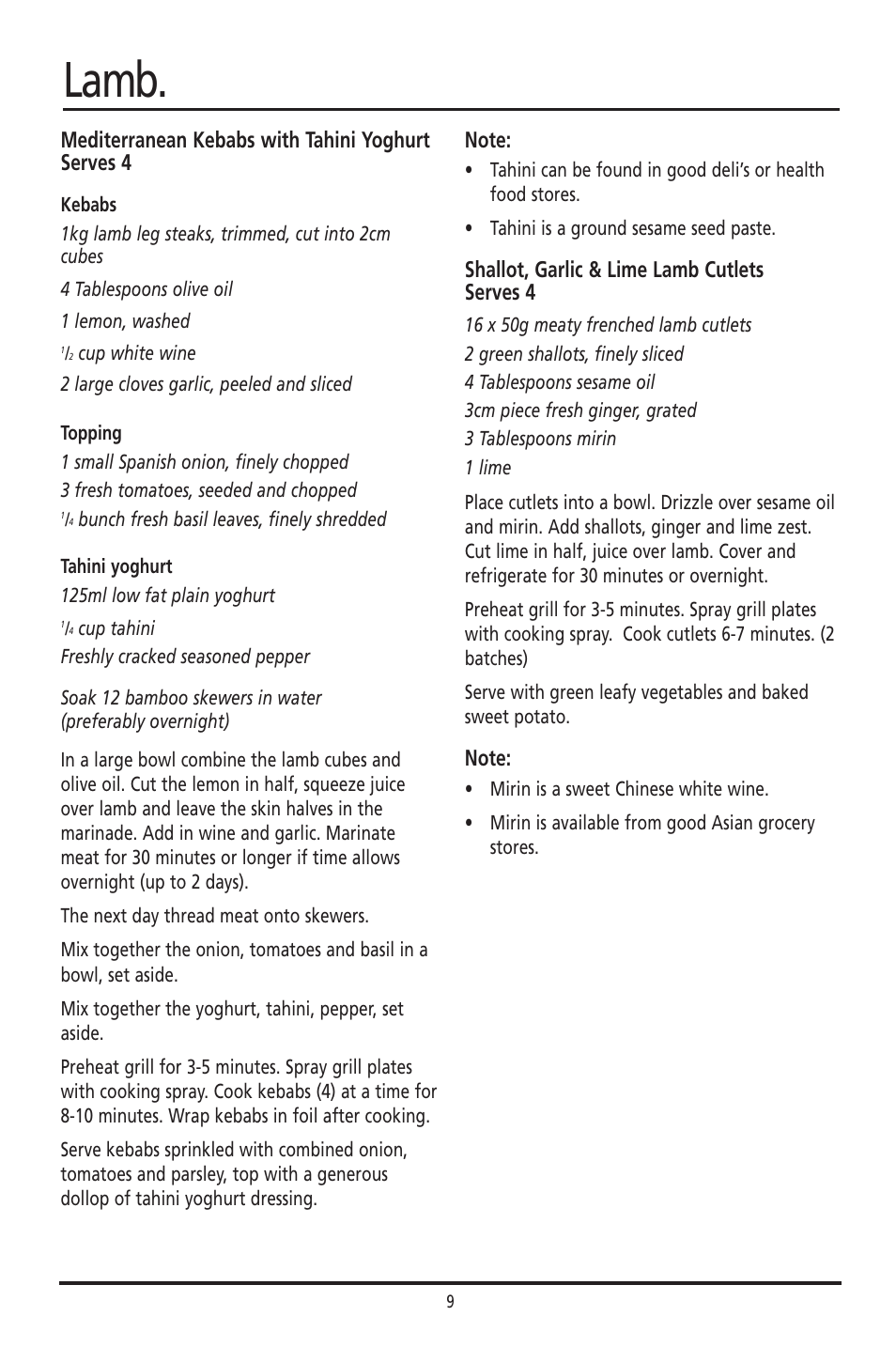 Lamb, Mediterranean kebabs with tahini yoghurt serves 4, Shallot, garlic & lime lamb cutlets serves 4 | Sunbeam GC2600 User Manual | Page 8 / 13