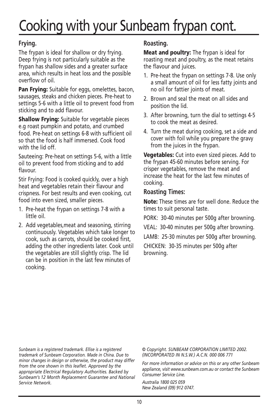 Cooking with your sunbeam frypan cont | Sunbeam FP8610 User Manual | Page 10 / 21