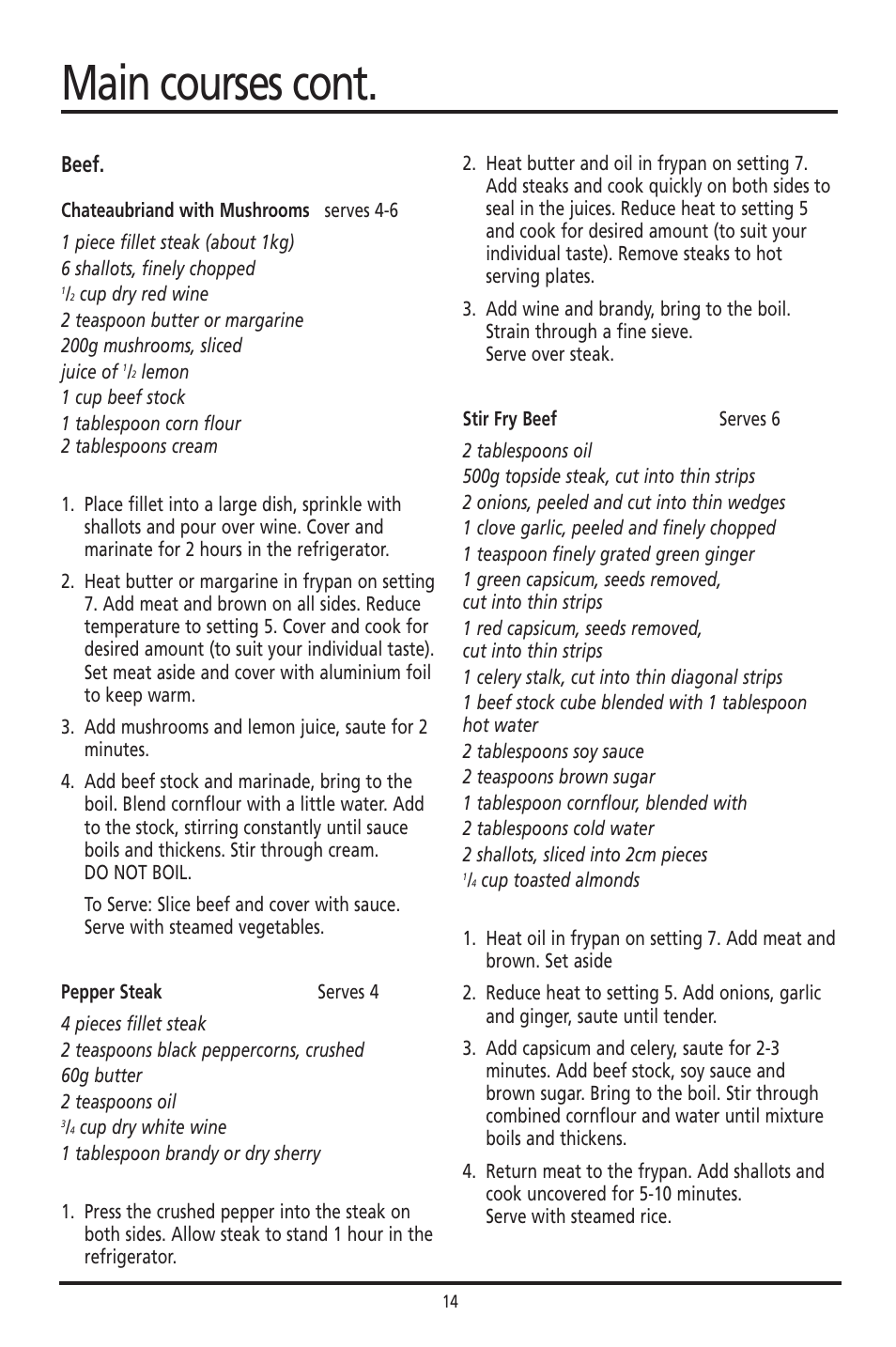 Main courses cont, Beef | Sunbeam FP8610 User Manual | Page 14 / 21