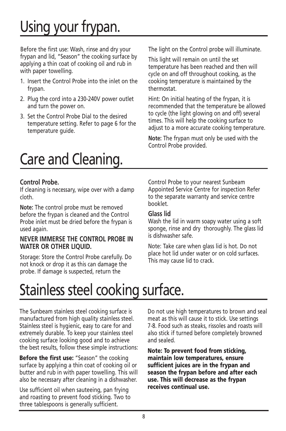 Stainless steel cooking surface, Care and cleaning, Using your frypan | Sunbeam FP8610 User Manual | Page 8 / 21
