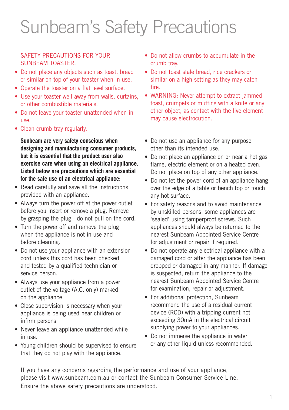 Sunbeam’s safety precautions | Sunbeam TA2410 User Manual | Page 3 / 11