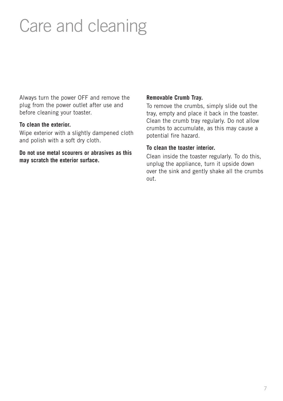 Care and cleaning | Sunbeam TA2410 User Manual | Page 9 / 11