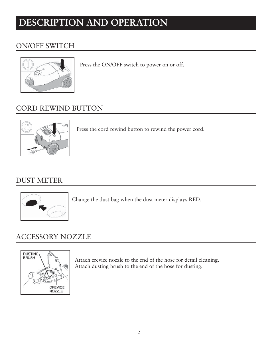 Description and operation | Sunbeam SNV12CBRB User Manual | Page 5 / 9