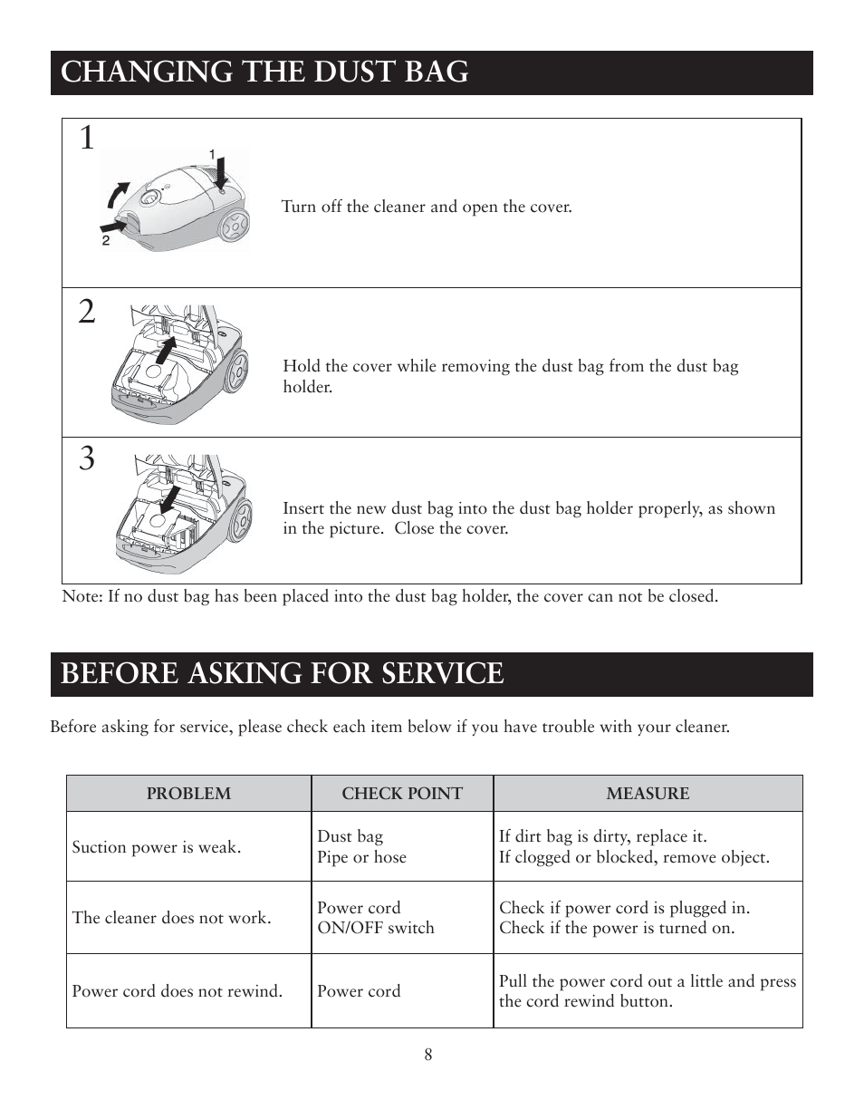 Changing the dust bag, Before asking for service | Sunbeam SNV12CBRB User Manual | Page 8 / 9