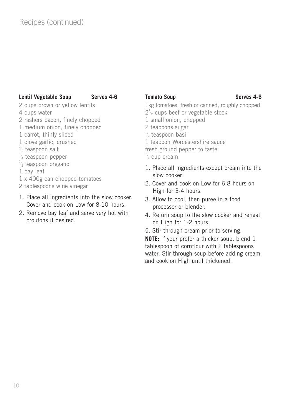 Recipes (continued), Teaspoon salt, Teaspoon pepper | Sunbeam HP2200 User Manual | Page 12 / 24