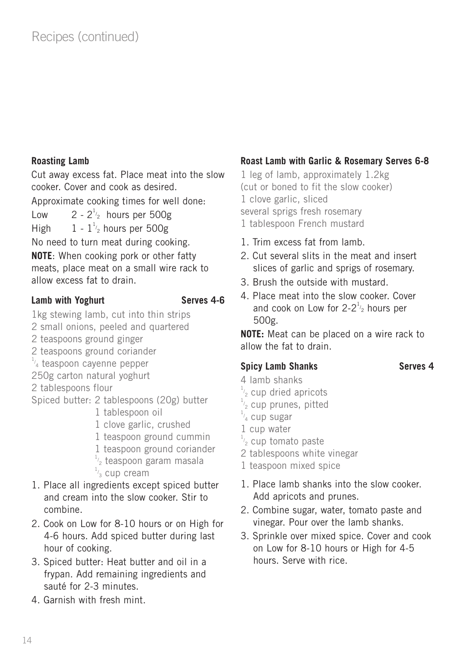 Recipes (continued), Teaspoon garam masala, Cup dried apricots | Cup prunes, pitted, Cup sugar 1 cup water | Sunbeam HP2200 User Manual | Page 16 / 24
