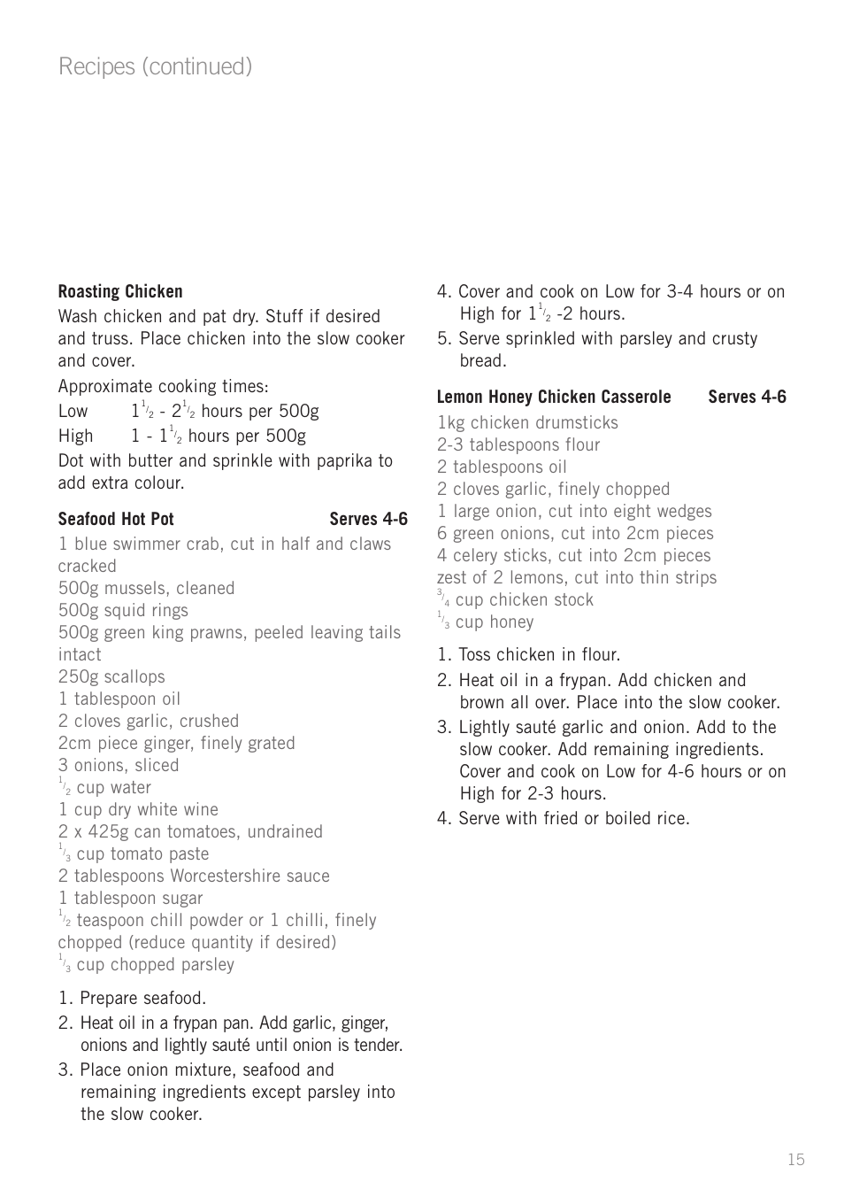 Recipes (continued), Cup chicken stock | Sunbeam HP2200 User Manual | Page 17 / 24