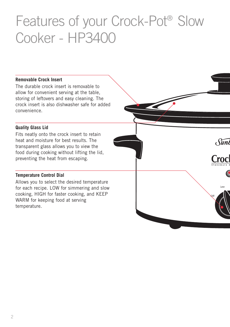 Features of your crock-pot, Slow cooker - hp3400 | Sunbeam HP2200 User Manual | Page 4 / 24