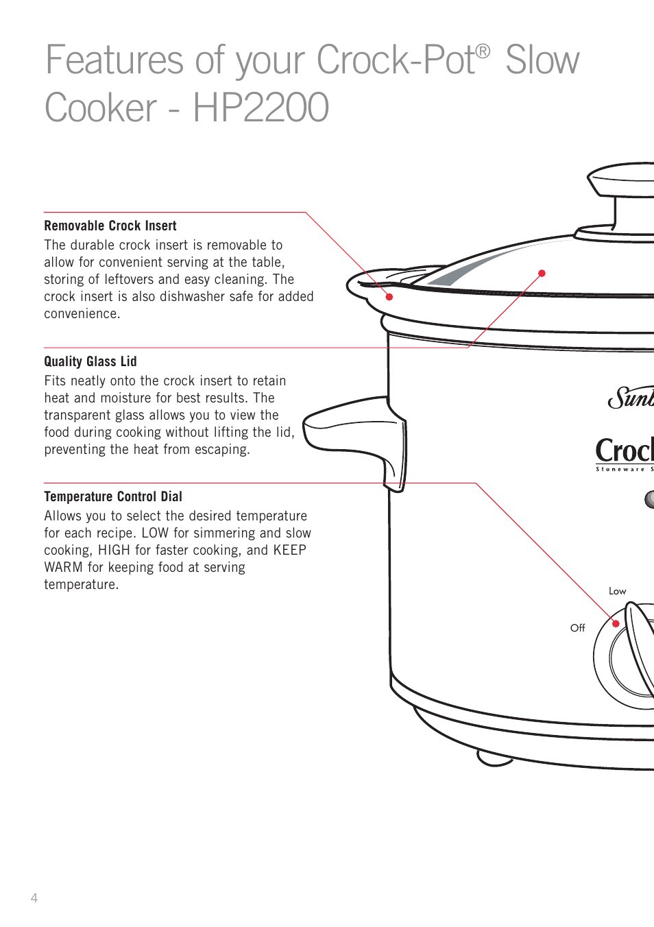 Features of your crock-pot, Slow cooker - hp2200 | Sunbeam HP2200 User Manual | Page 6 / 24