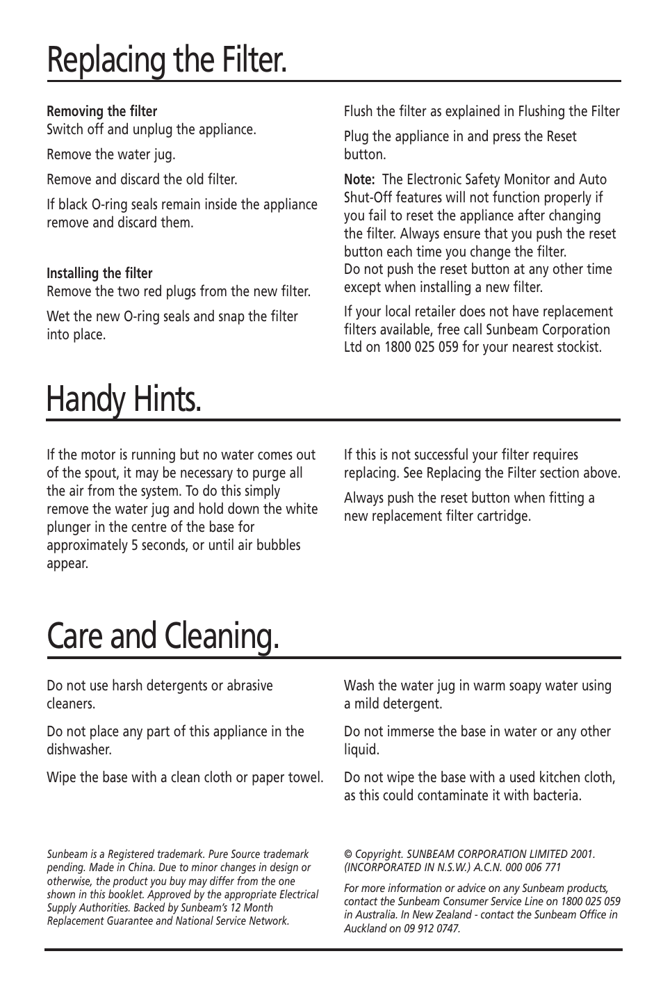 Care and cleaning, Replacing the filter. handy hints | Sunbeam WF5700 User Manual | Page 6 / 7