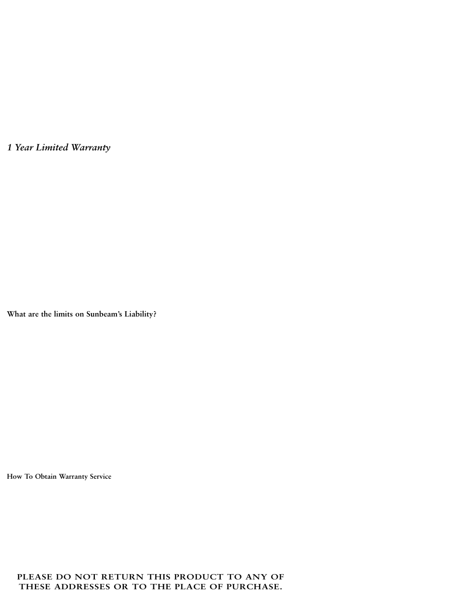 1 year limited warranty | Sunbeam 4211 User Manual | Page 10 / 20