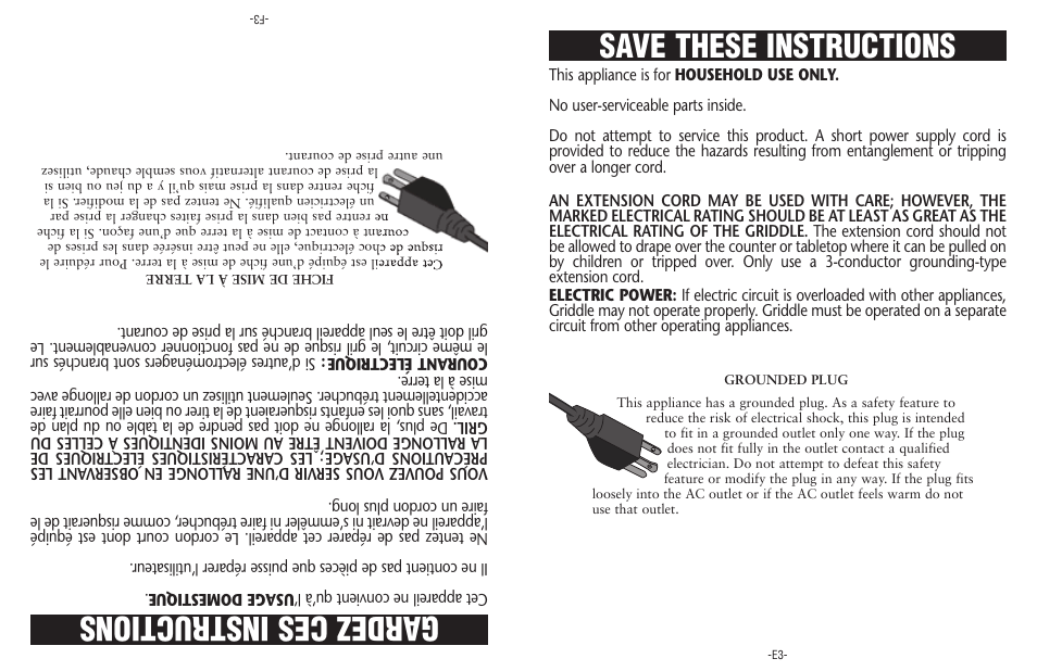 Save these instructions, Gardezces instructions | Sunbeam CKSBGRFM10-033 User Manual | Page 3 / 8