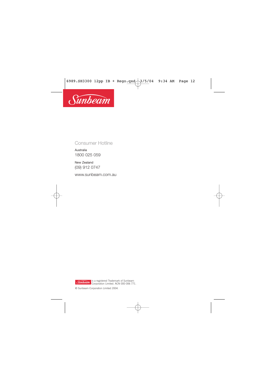 Consumer hotline | Sunbeam SH3300 User Manual | Page 12 / 12