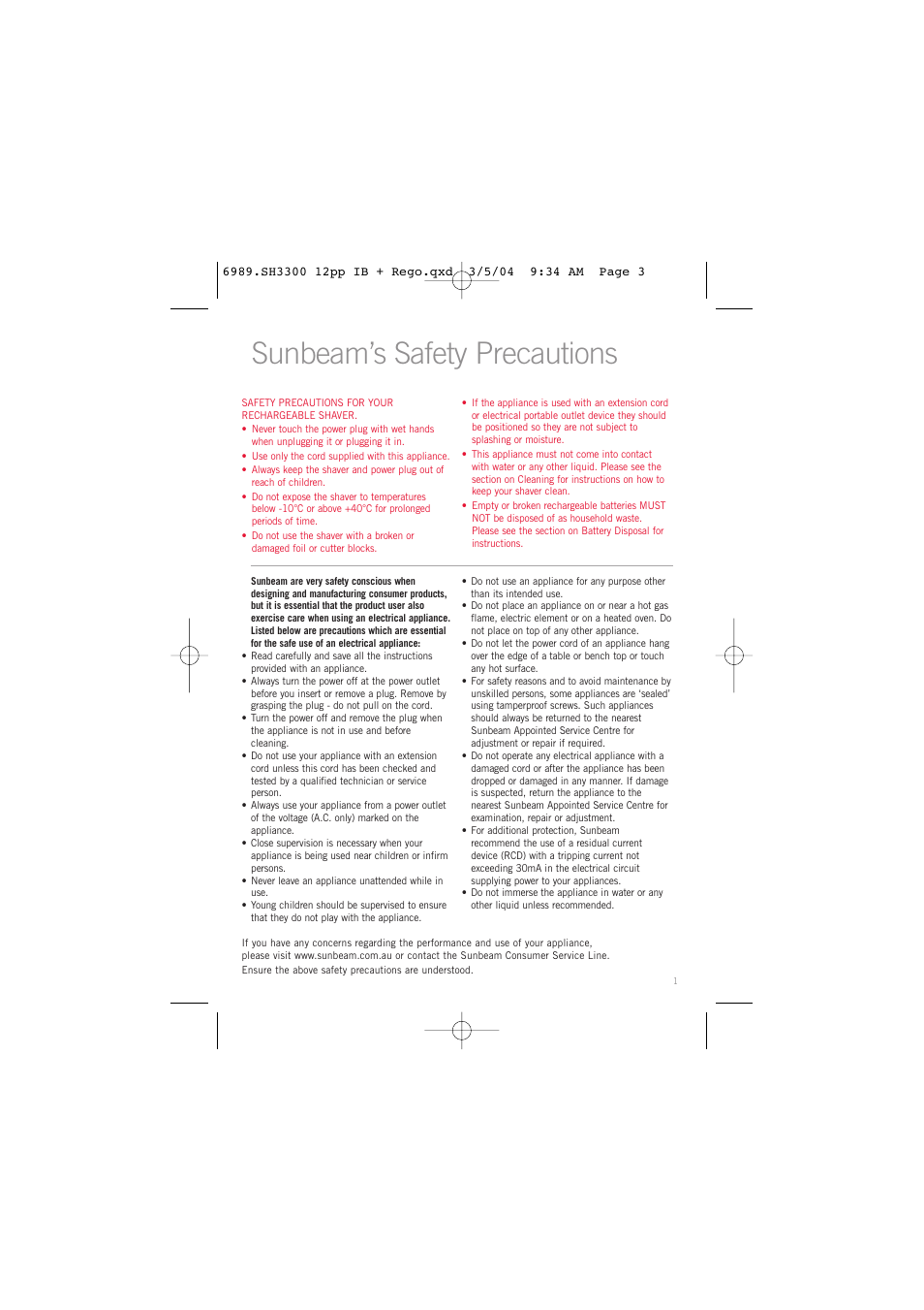 Sunbeam’s safety precautions | Sunbeam SH3300 User Manual | Page 3 / 12