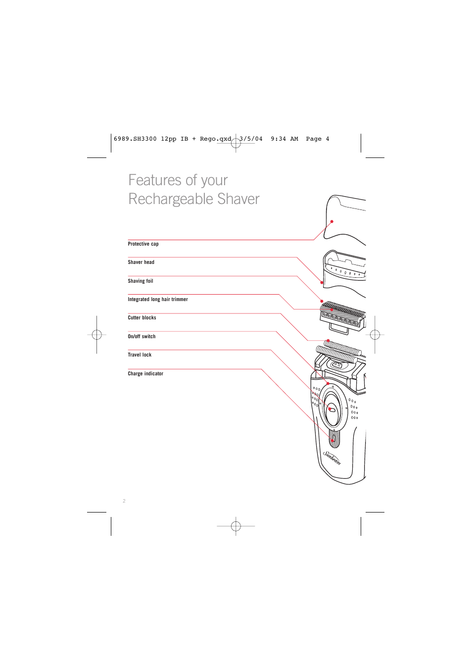 Features of your rechargeable shaver | Sunbeam SH3300 User Manual | Page 4 / 12