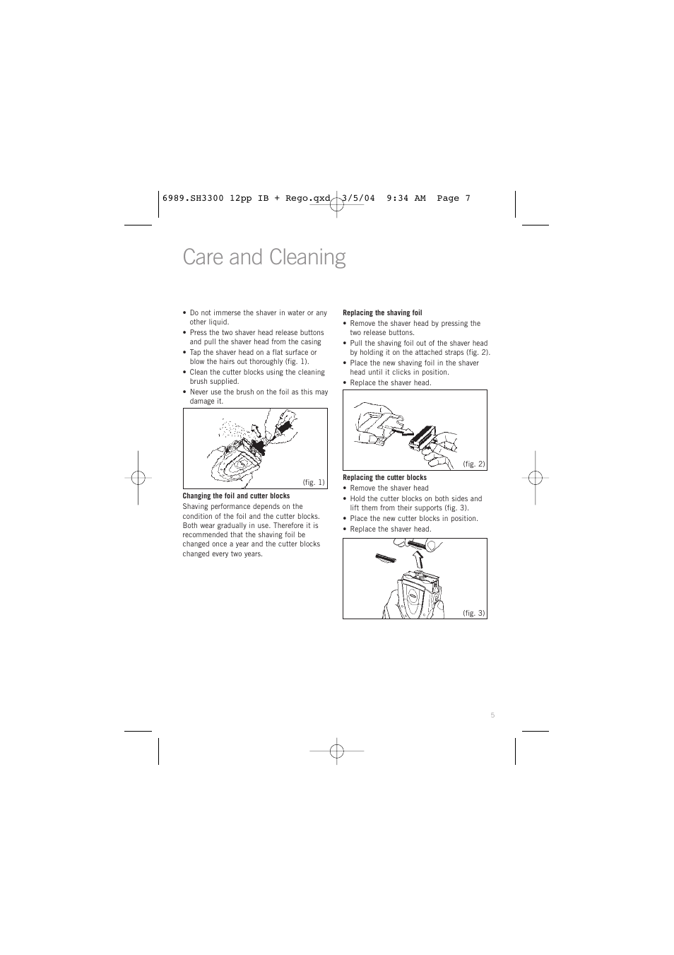 Care and cleaning | Sunbeam SH3300 User Manual | Page 7 / 12