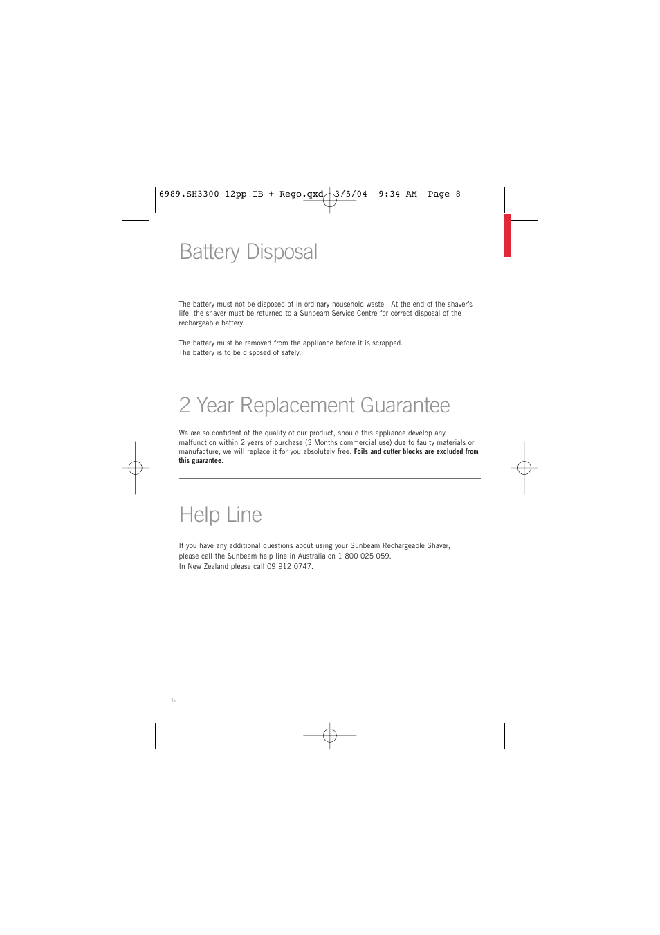 Battery disposal 2 year replacement guarantee, Help line | Sunbeam SH3300 User Manual | Page 8 / 12