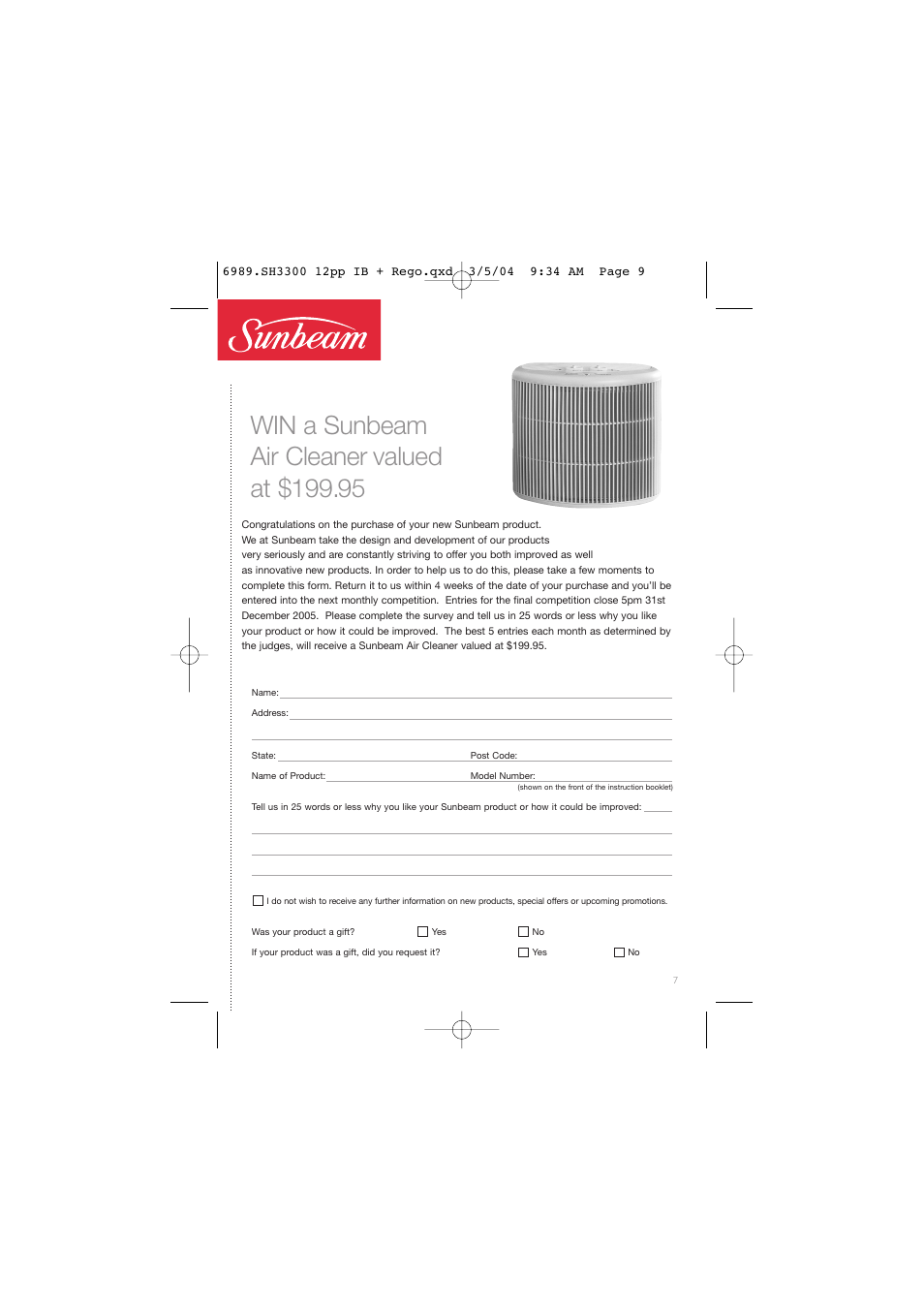 Sunbeam SH3300 User Manual | Page 9 / 12