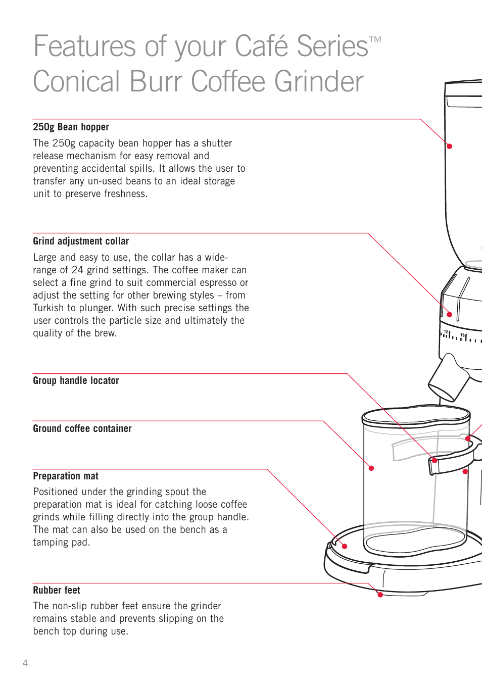 Features of your café series, Conical burr coffee grinder | Sunbeam EM0480 User Manual | Page 6 / 16