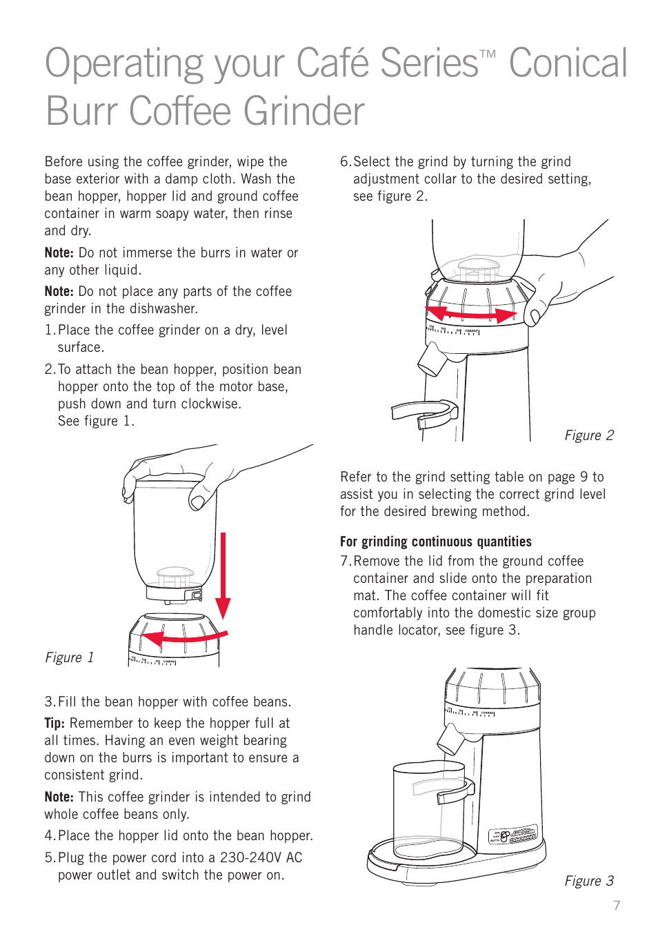 Operating your café series, Conical burr coffee grinder | Sunbeam EM0480 User Manual | Page 9 / 16