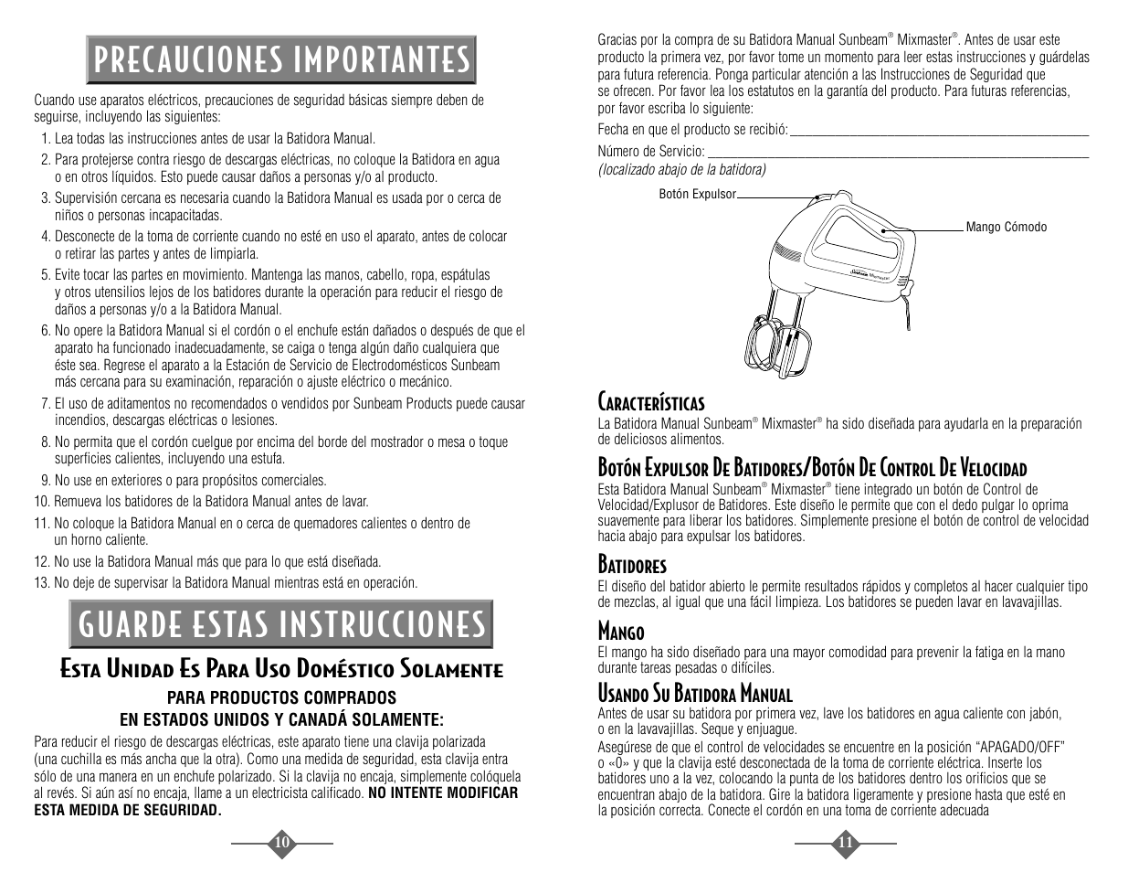 Esta unidad es para uso doméstico solamente, Características, Batidores | Mango, Usando su batidora manual | Sunbeam 2487 User Manual | Page 10 / 20