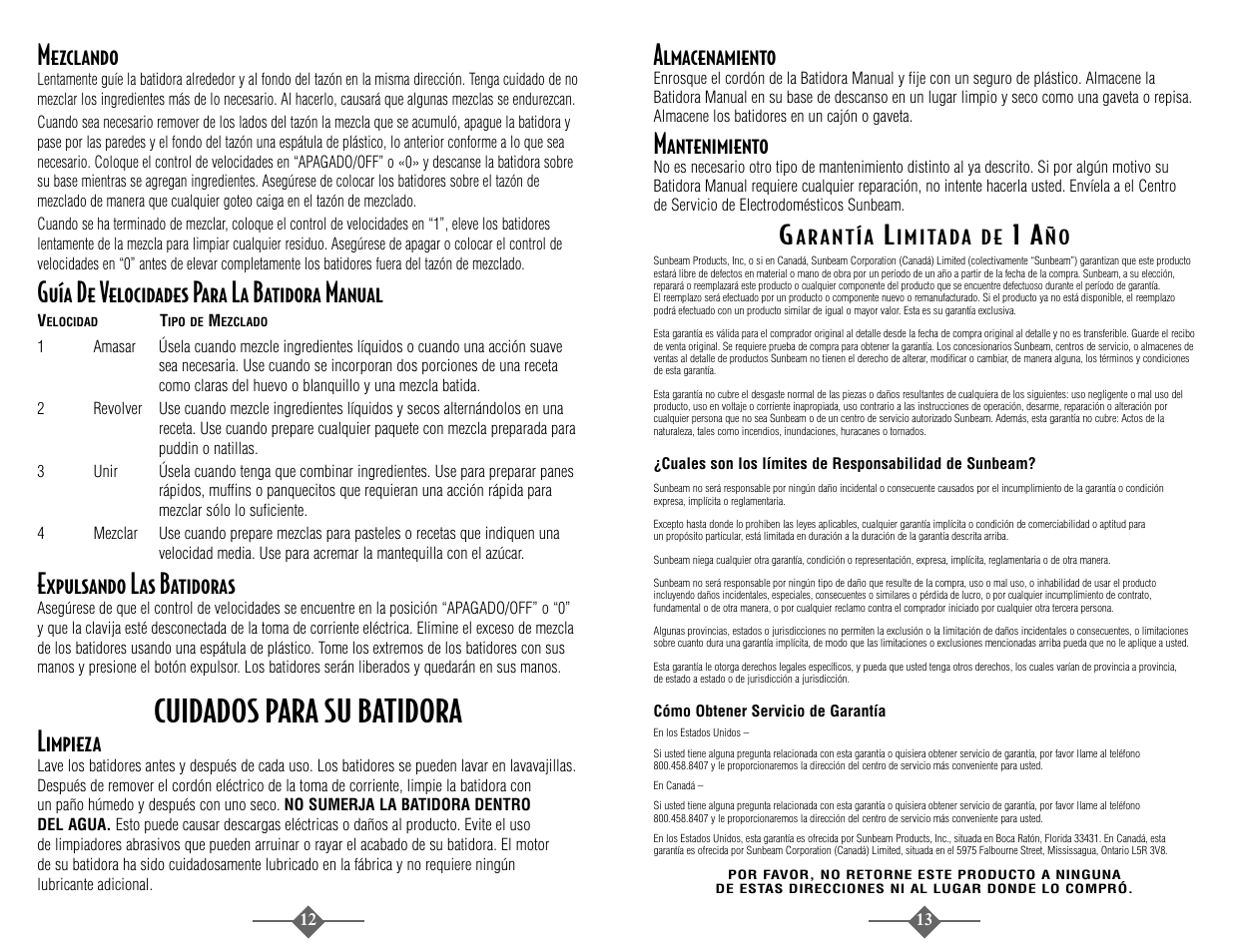 Cuidados para su batidora, Mezclando, Guía de velocidades para la batidora manual | Expulsando las batidoras, Limpieza, Almacenamiento, Mantenimiento | Sunbeam 2487 User Manual | Page 12 / 20