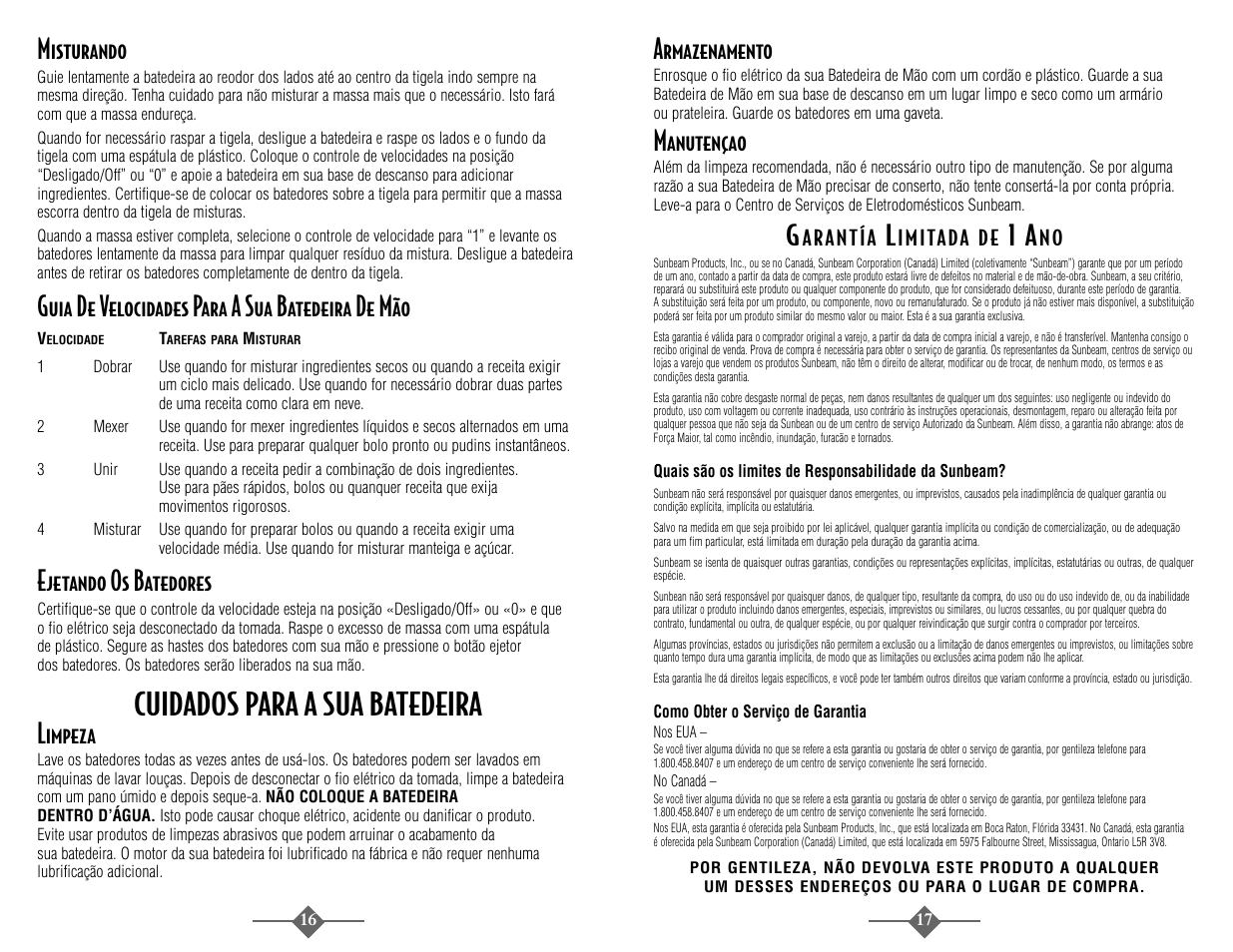 Cuidados para a sua batedeira, Misturando, Guia de velocidades para a sua batedeira de mão | Ejetando os batedores, Limpeza, Armazenamento, Manutençao | Sunbeam 2487 User Manual | Page 16 / 20