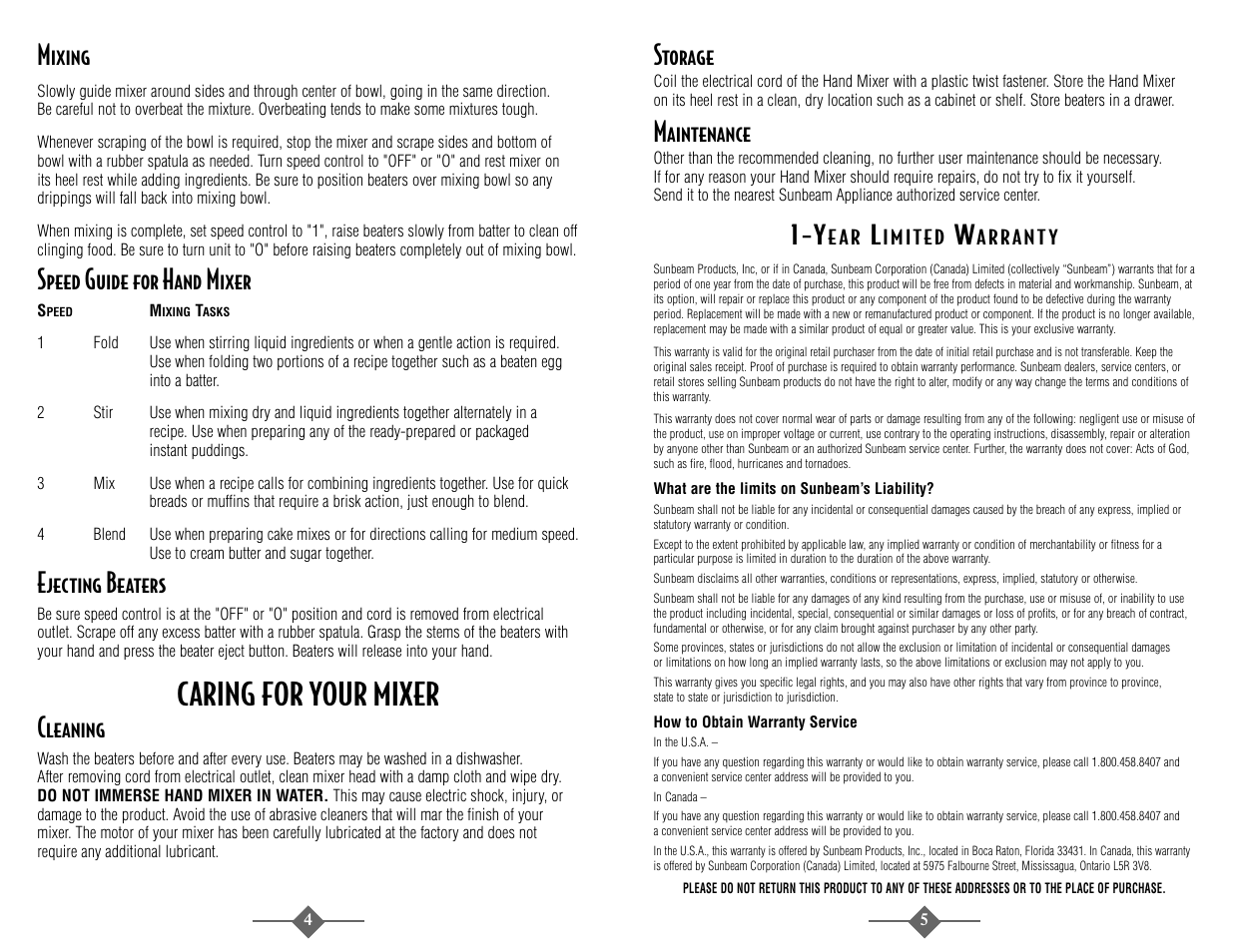 Caring for your mixer, Mixing, Speed guide for hand mixer | Ejecting beaters, Cleaning, Storage, Maintenance | Sunbeam 2487 User Manual | Page 4 / 20